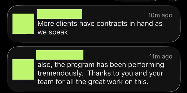 Messages from a pharmacy: “More clients have contracts in hand as we speak” and “also, the program has been performing tremendously. Thanks to you and your team for all the great work on this.”